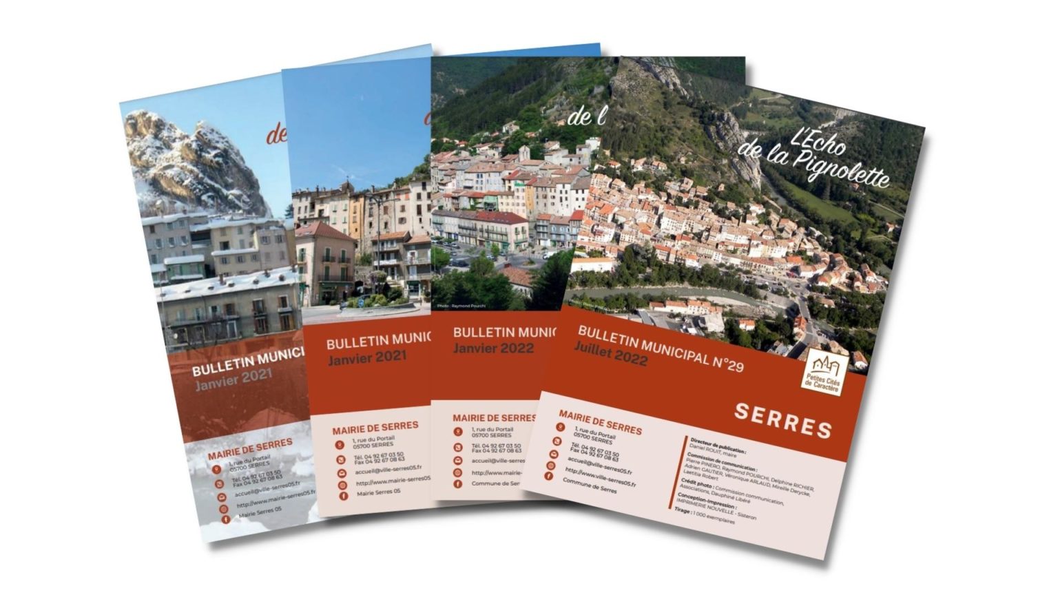 Visuel présentant un éventail de plusieurs numéros du bulletin municipal de la ville de Serres.